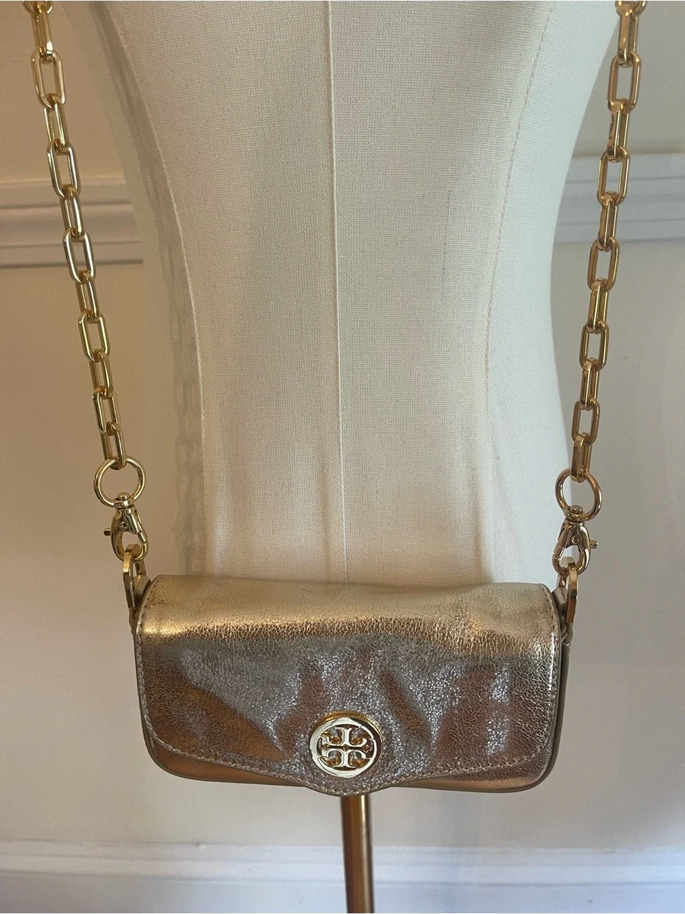 Tory Burch Metallic Gold Leather Chain Crossbody Bag